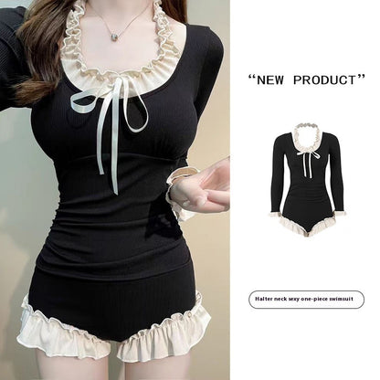 Swimsuit Women's One-piece Long Sleeves French Retro Conservatively Thin
