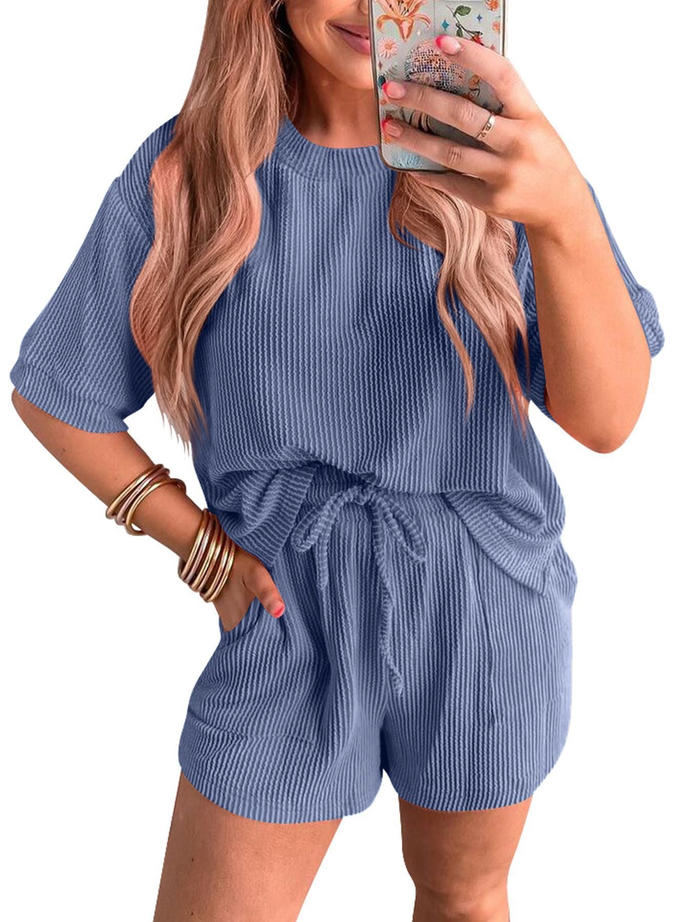 Short-sleeved Wavy Round Neck Top Elastic Waist Shorts Two-piece Set