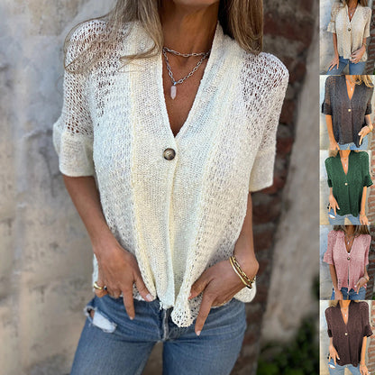V-neck Single-button Half-sleeved Cardigan Hollow Out Knitted Tops For Women Clithing