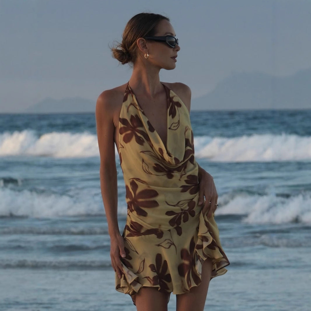 Halter Swing Collar Abstract Printing Sleeveless Dress