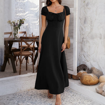 Elegant Pure Color Tied Pleating Puff Sleeve French Dress