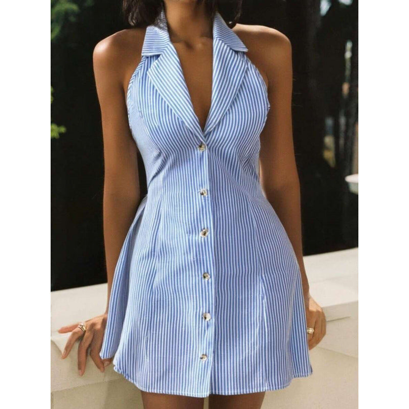Backless Lace Up Bow Holiday A- Line Single Row Button Sling Dress