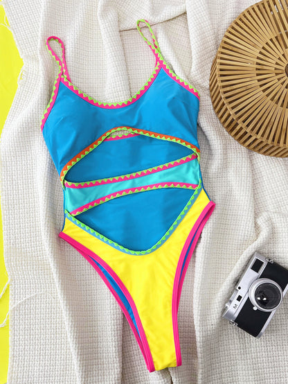Women's Contrast Color Hollow Strap One-piece Swimsuit
