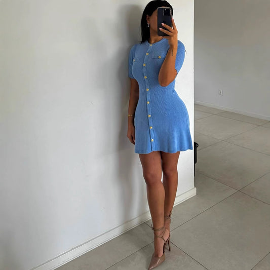 Women's Fashion Front Button Rib Knit Dress