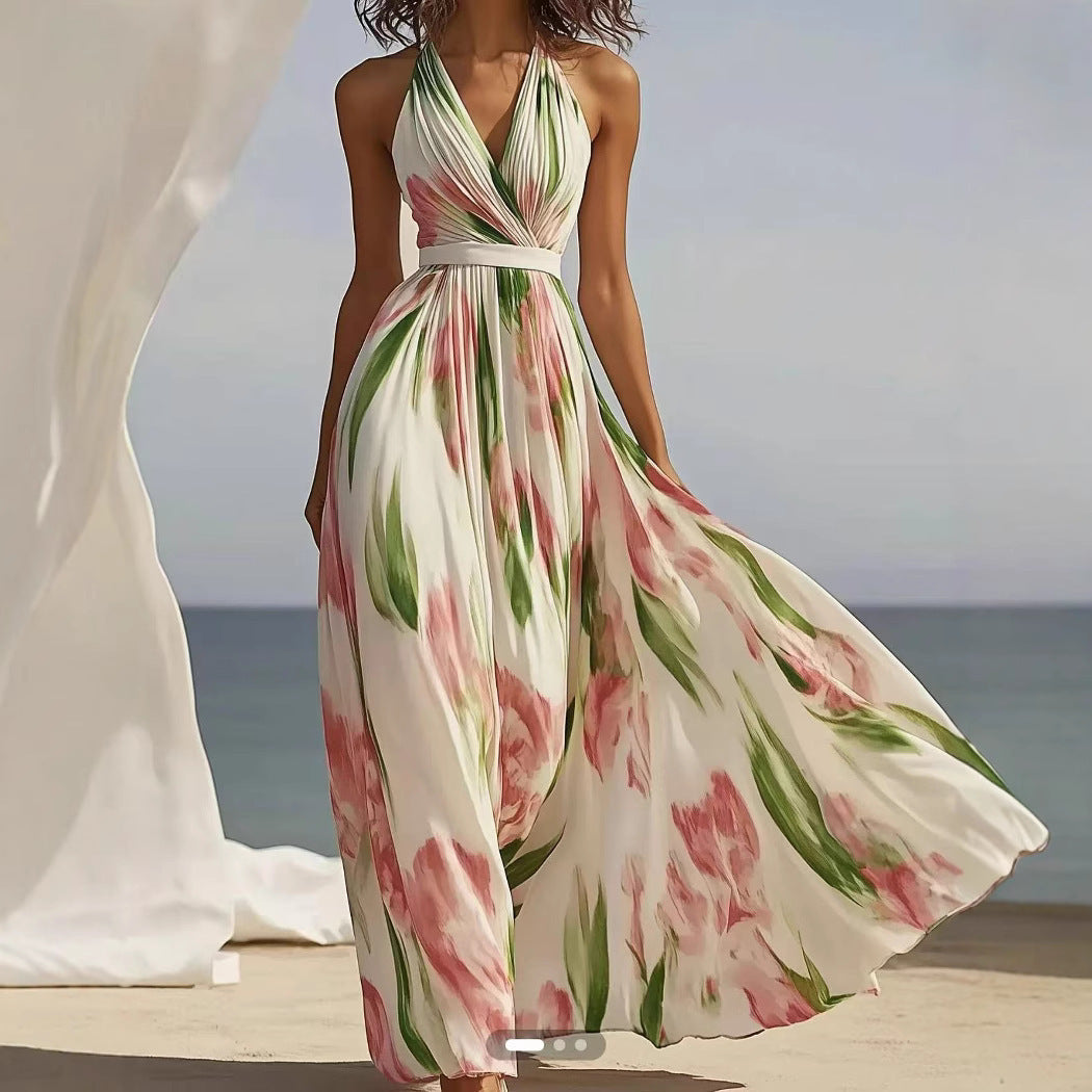 Summer New V-neck Fashion Printed Sling Long Dress