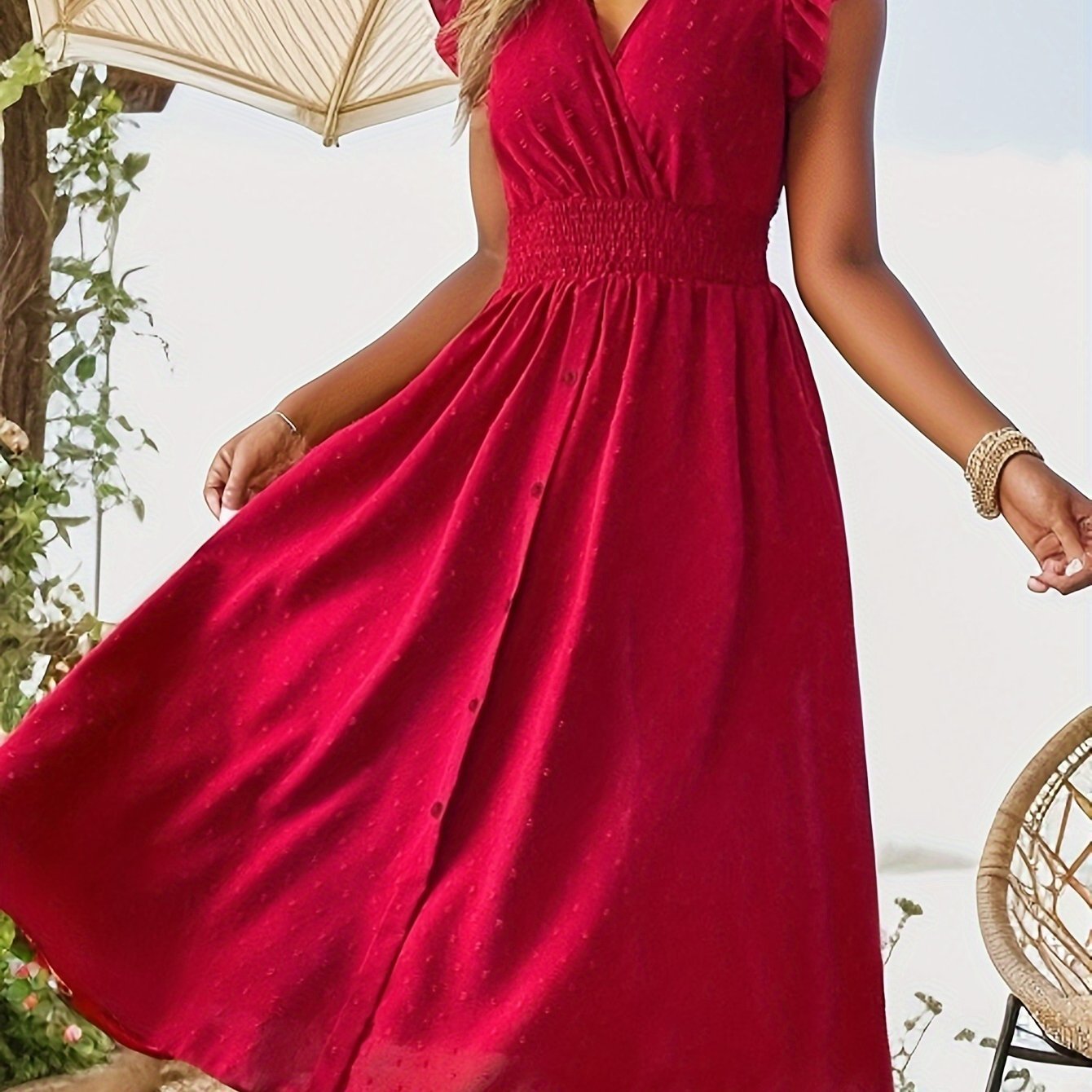 Elegant V-neck Ruffled Sleeve Women's Summer Short Sleeve Maxi Dress