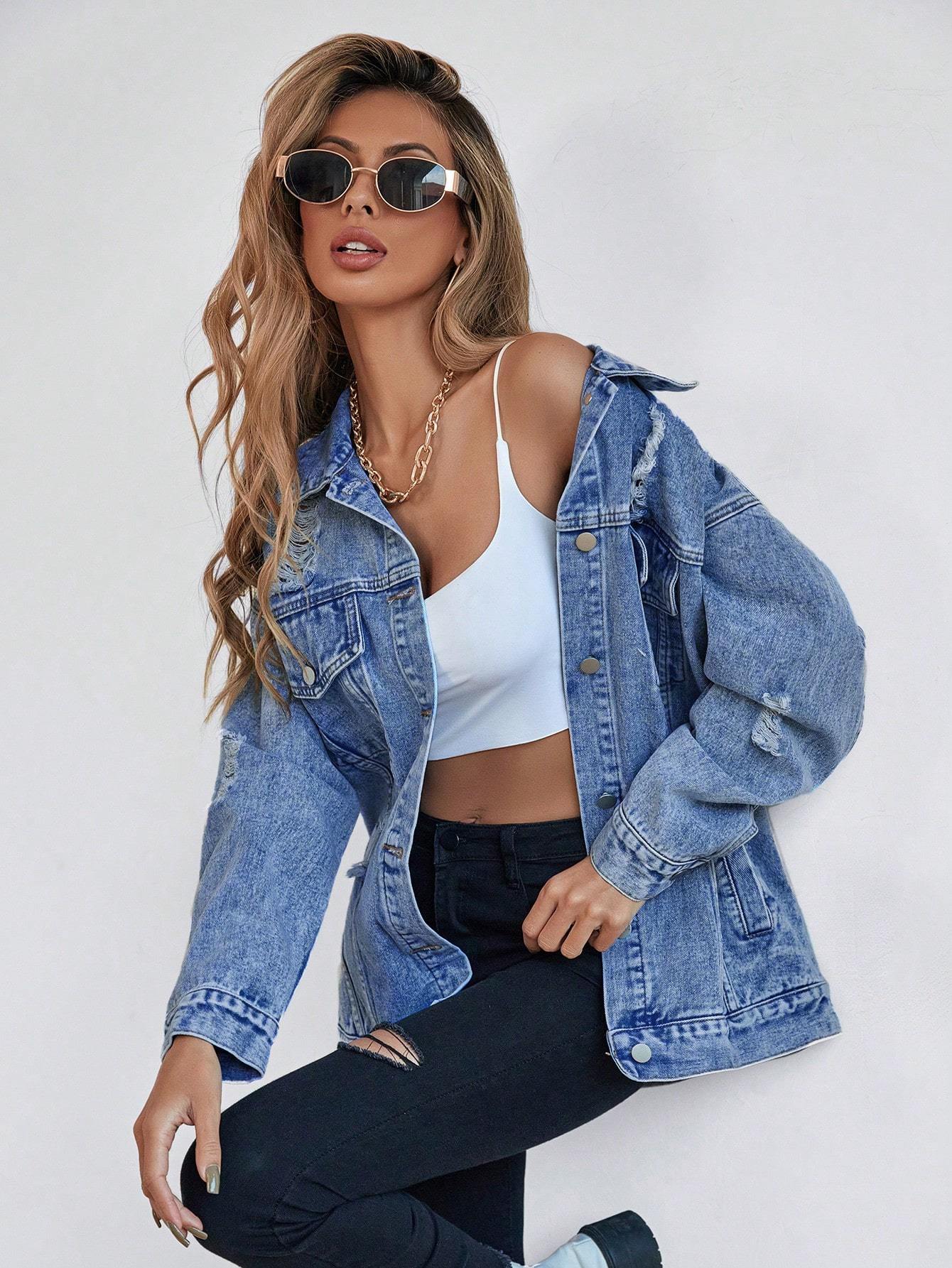 Button Blue Front Flap Pocket Drop Shoulder Denim Jacket