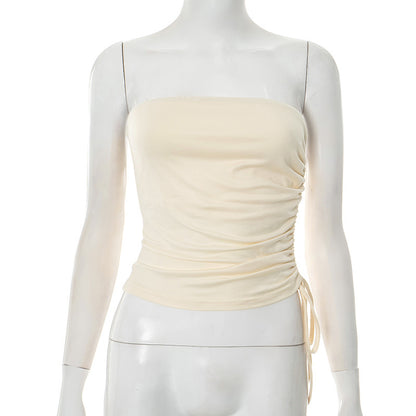 European And American Pure Color Tube-top Slim Fit Drawstring Pleated Simple T-shirt Top For Women