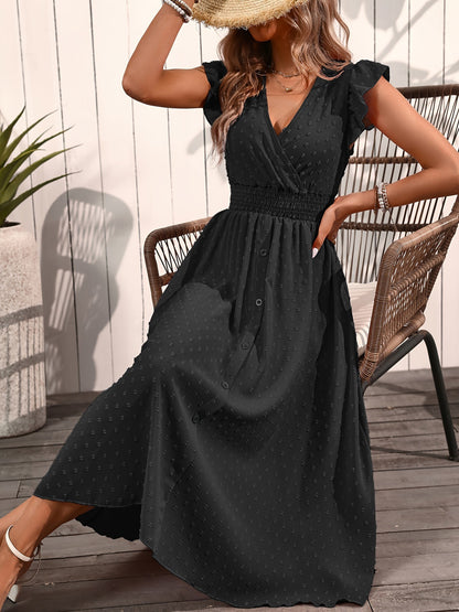 Elegant V-neck Ruffled Sleeve Women's Summer Short Sleeve Maxi Dress