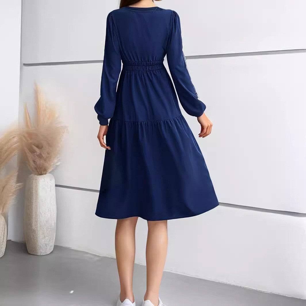 V-neck Solid Color Long Sleeve Waist Dress