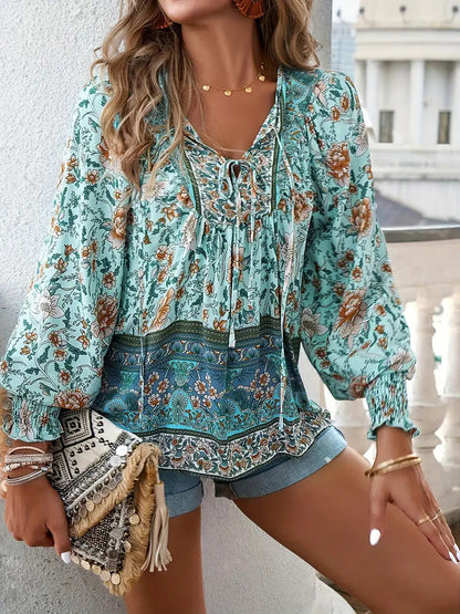 Bohemian Vacation Style Printed V-neck Lace-up Long Sleeve Top