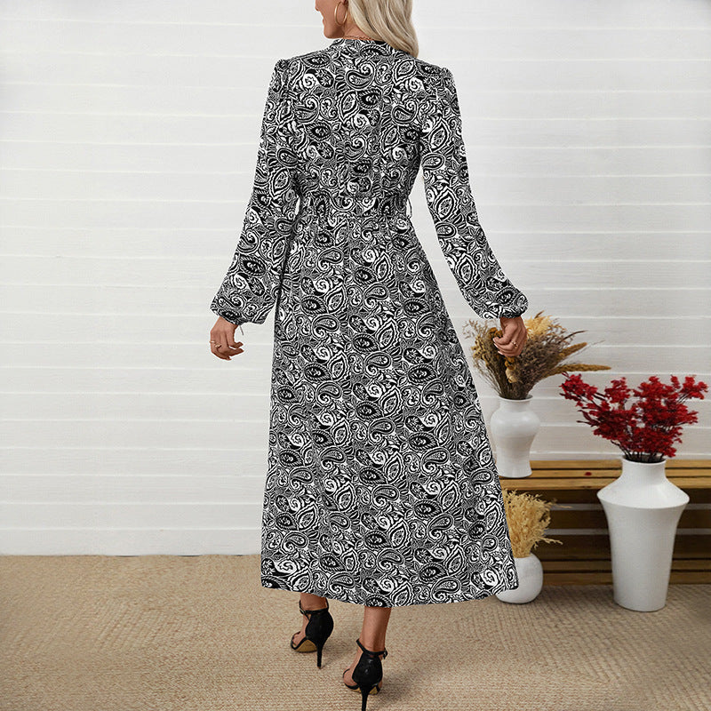 Ethnic Printed Elegant V-neck Long-sleeve Dress