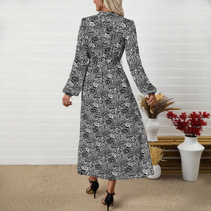 Ethnic Printed Elegant V-neck Long-sleeve Dress