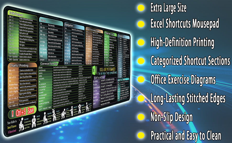 Excel Cheat Sheet Mouse pad,Extra Large Office Keyboard Shortcuts Mousepad,Office Desk Accessories Desk pad Computer