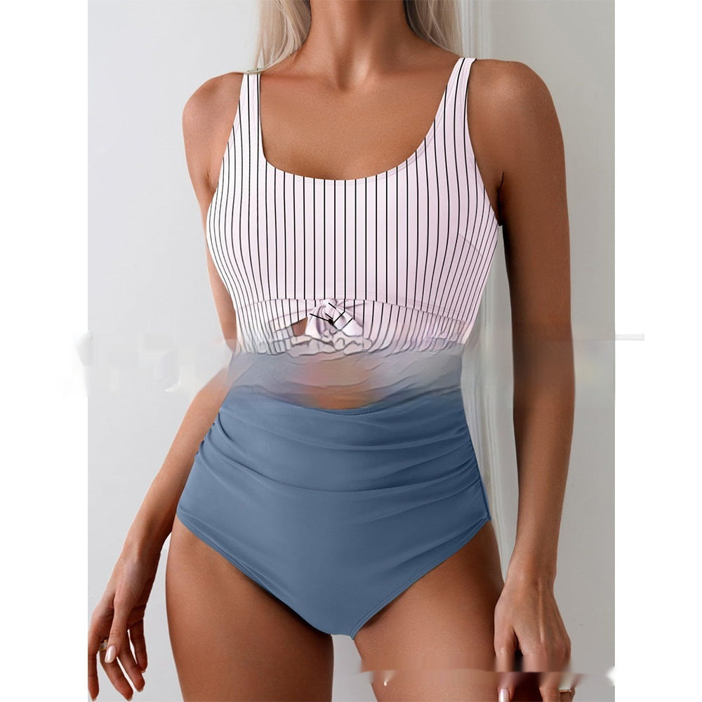 One-piece Female Stitching Contrast Color Strap Covered Belly Swimsuit