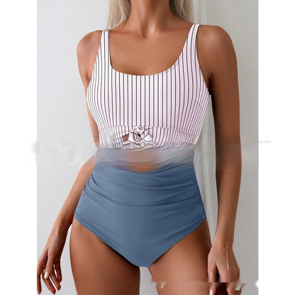 One-piece Female Stitching Contrast Color Strap Covered Belly Swimsuit