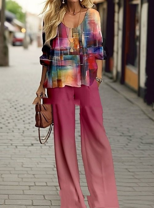 Half Sleeve Round Neck Top Lengthened Trousers Printed Women's Suit