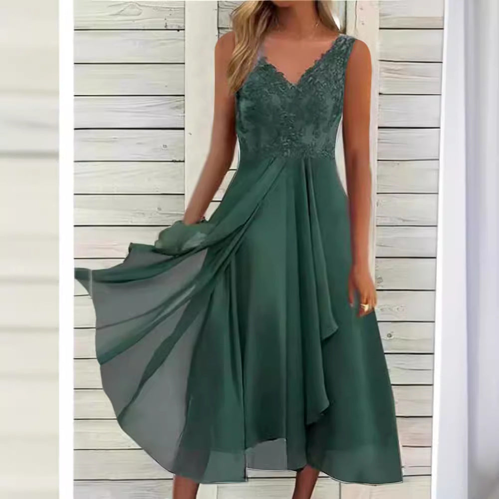 Sleeveless Dress Chiffon Stitching Lace Hollow Women