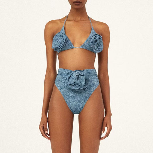 New 3D Flower Decoration Halter Lace-up Sexy Bikini