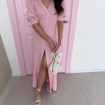 Bubble Sleeve Single-breasted Dress Lemon Yellow Retro Women