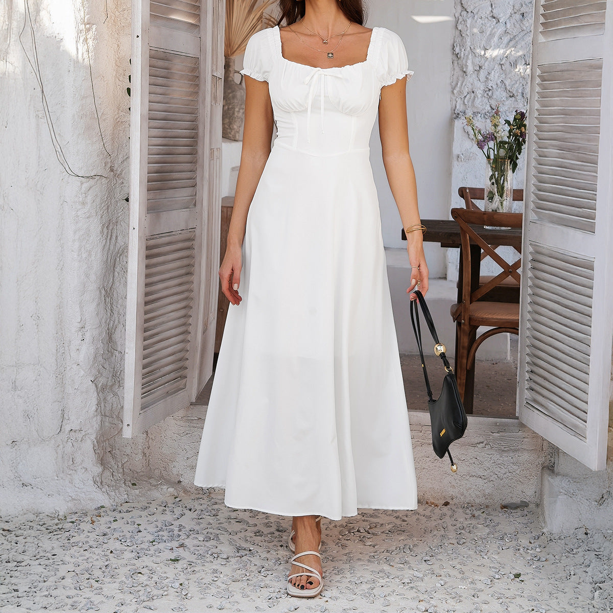 Elegant Pure Color Tied Pleating Puff Sleeve French Dress