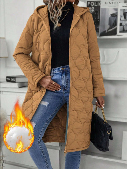 Ladies' Solid-Colored Zipper Fly Hooded Padded Coat