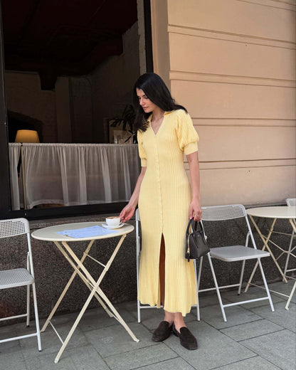 Bubble Sleeve Single-breasted Dress Lemon Yellow Retro Women