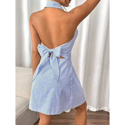 Backless Lace Up Bow Holiday A- Line Single Row Button Sling Dress