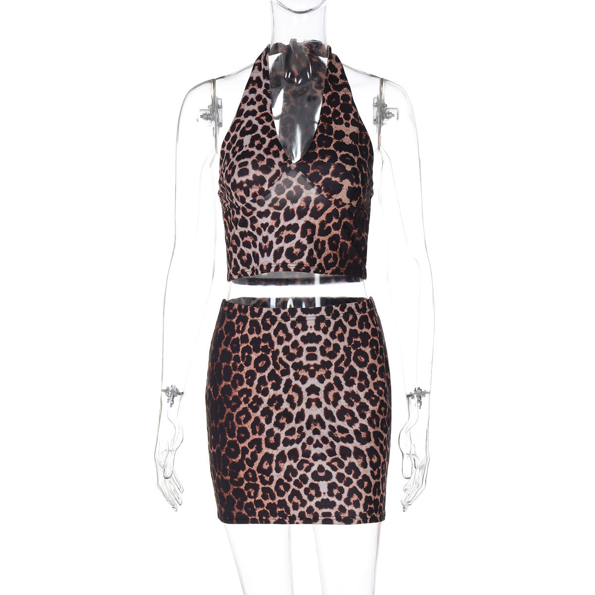 Leopard Print Printed Sexy Hanging Collar Vest Sheath Skirt Suit