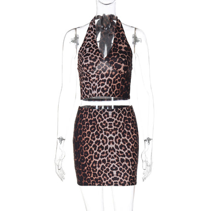 Leopard Print Printed Sexy Hanging Collar Vest Sheath Skirt Suit