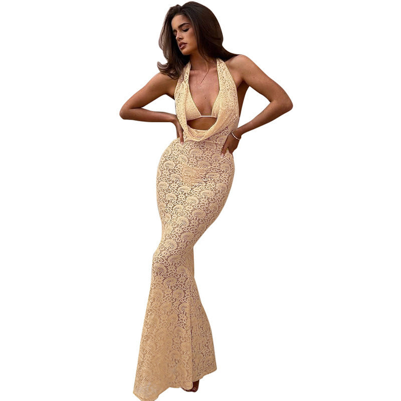 Women's Clothing Lace Lace-up V-neck Halter Dress