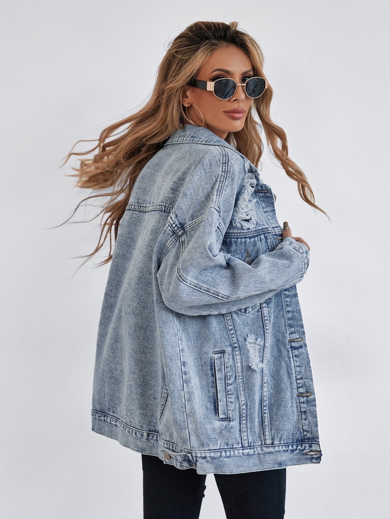 Button Blue Front Flap Pocket Drop Shoulder Denim Jacket