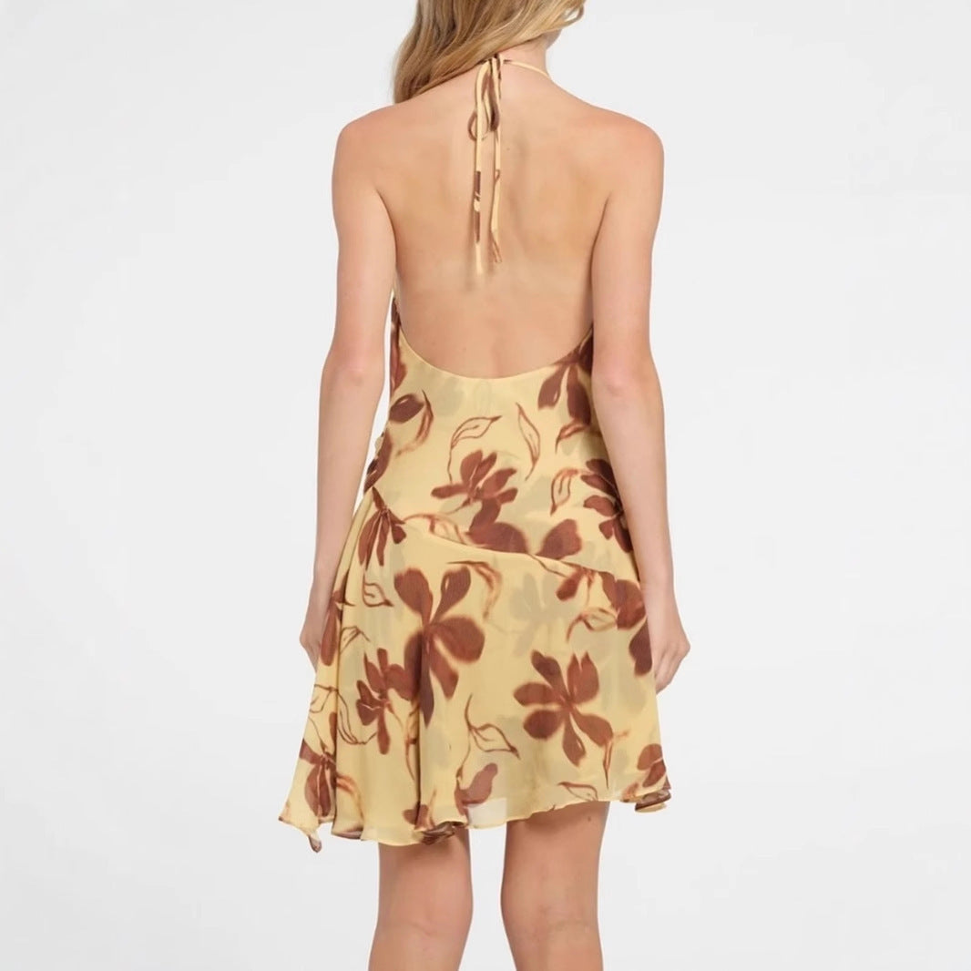 Halter Swing Collar Abstract Printing Sleeveless Dress