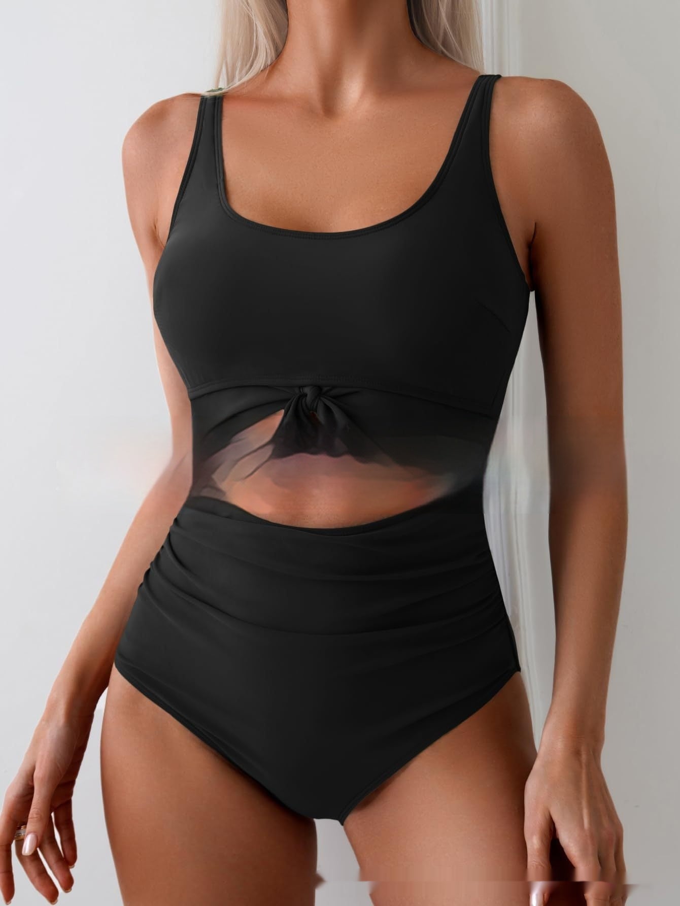 One-piece Female Stitching Contrast Color Strap Covered Belly Swimsuit