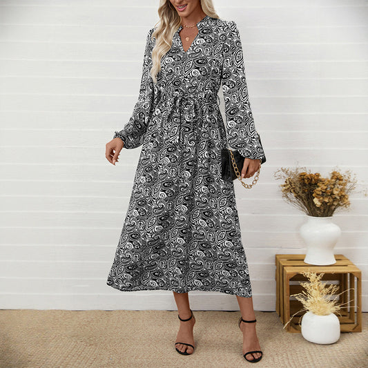 Ethnic Printed Elegant V-neck Long-sleeve Dress