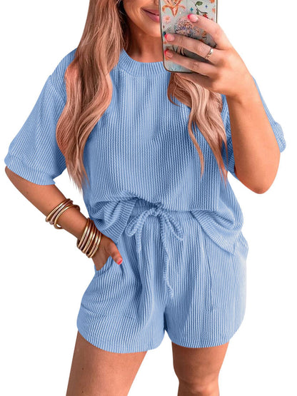 Short-sleeved Wavy Round Neck Top Elastic Waist Shorts Two-piece Set