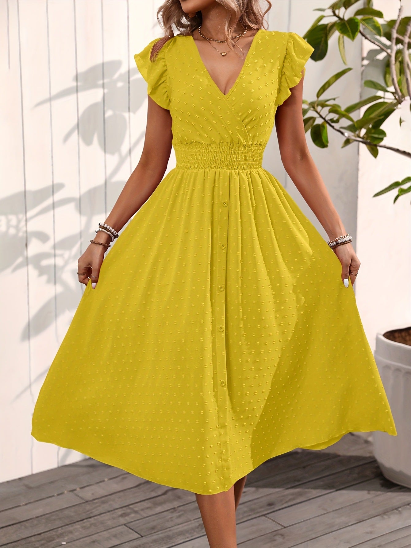 Elegant V-neck Ruffled Sleeve Women's Summer Short Sleeve Maxi Dress