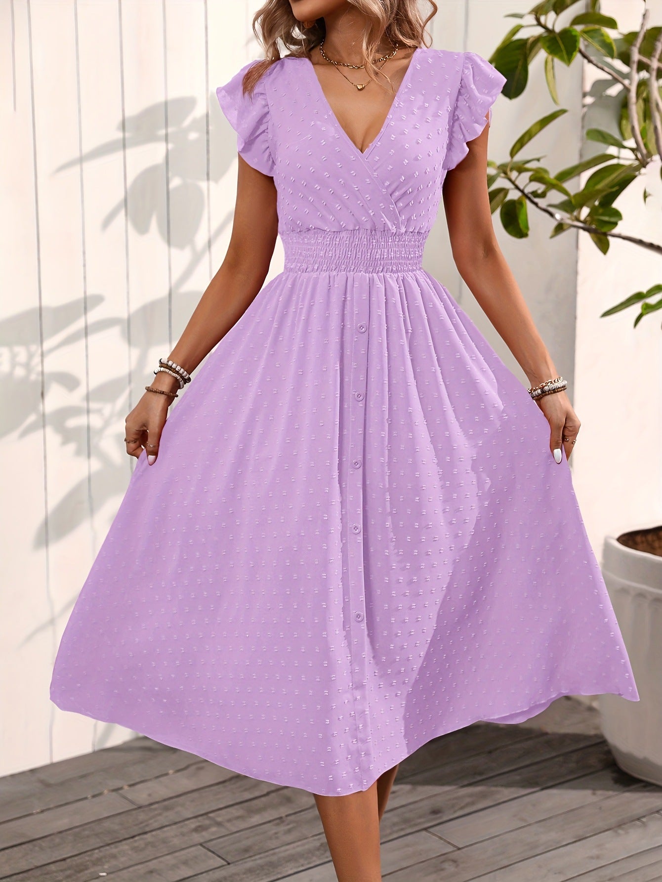 Elegant V-neck Ruffled Sleeve Women's Summer Short Sleeve Maxi Dress