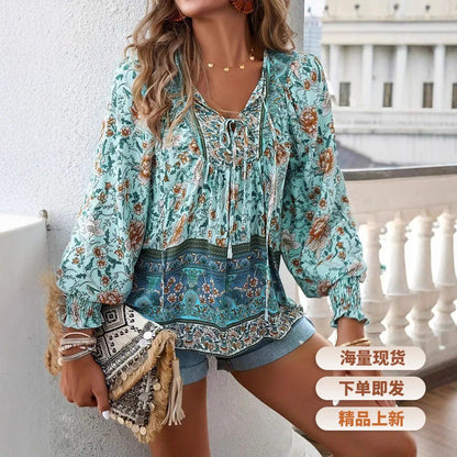 Bohemian Vacation Style Printed V-neck Lace-up Long Sleeve Top