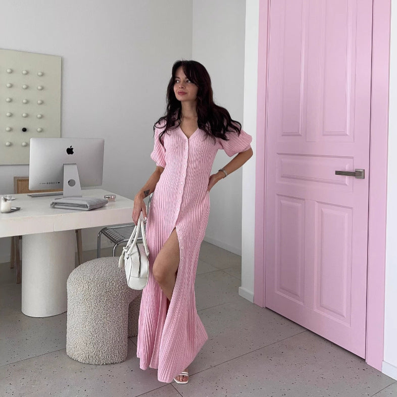 Bubble Sleeve Single-breasted Dress Lemon Yellow Retro Women