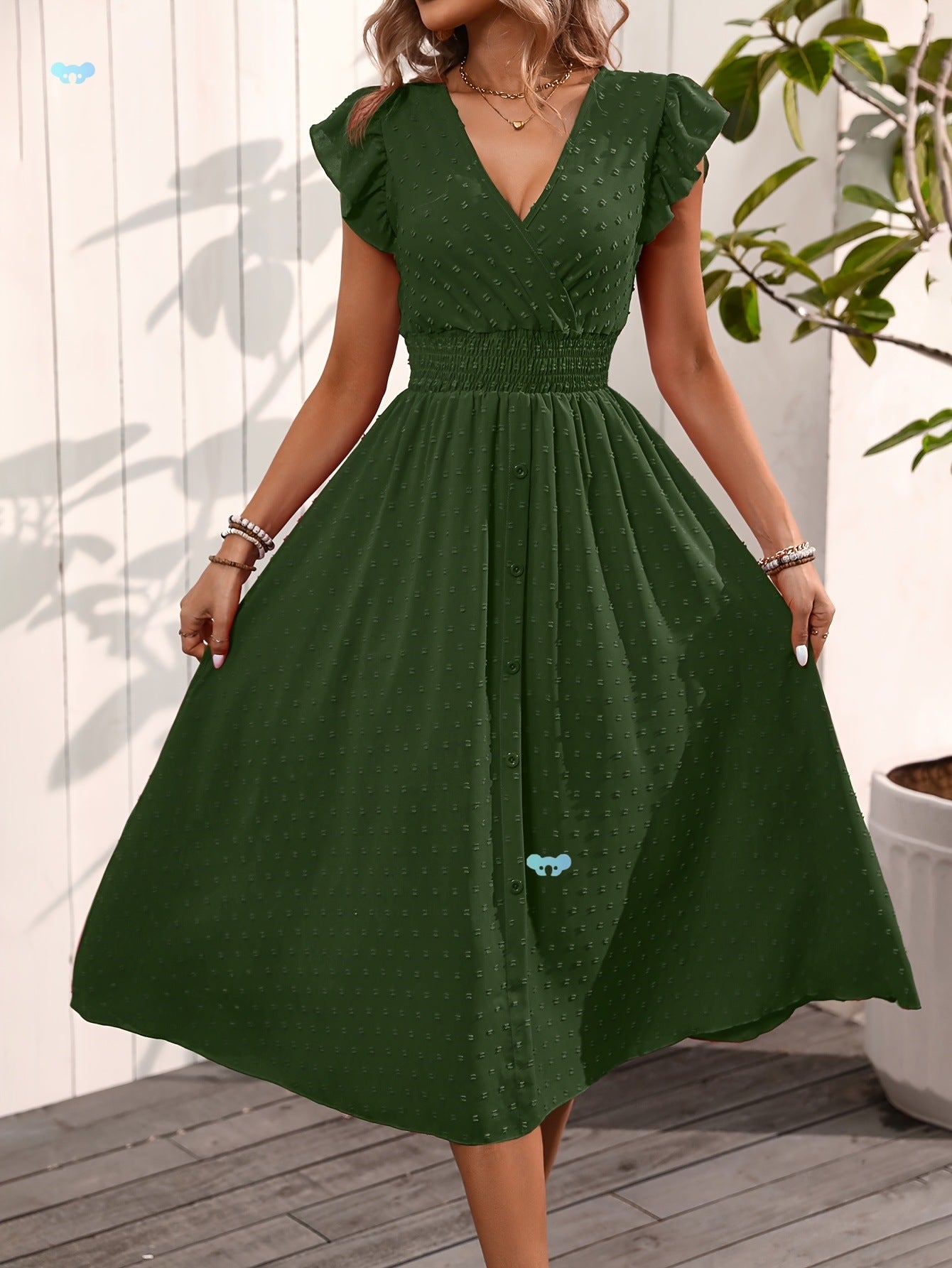 Elegant V-neck Ruffled Sleeve Women's Summer Short Sleeve Maxi Dress