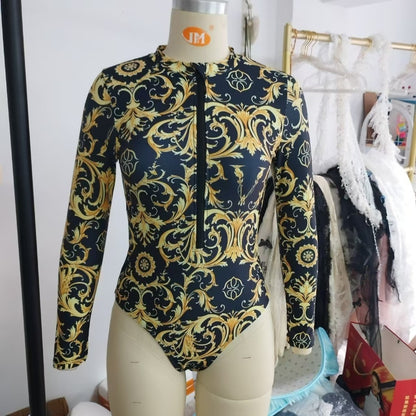 Fashion Digital Printing Long Sleeve Zipper One-piece Swimsuit For Women