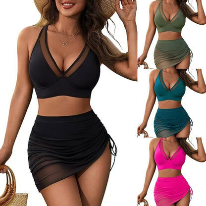 Solid Color European And American Sexy Mesh Stitching Drawstring Split Women's Swimsuit