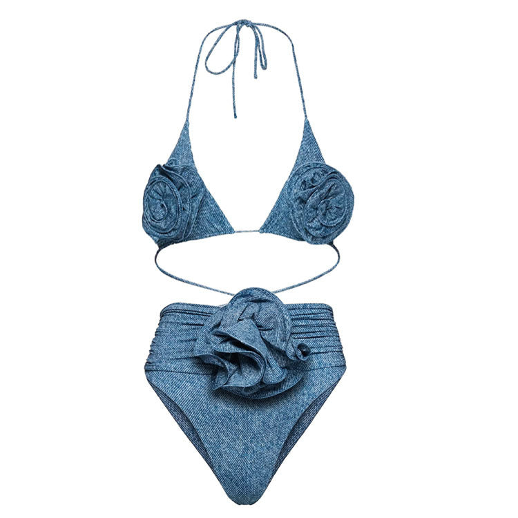 New 3D Flower Decoration Halter Lace-up Sexy Bikini