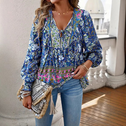 Bohemian Vacation Style Printed V-neck Lace-up Long Sleeve Top
