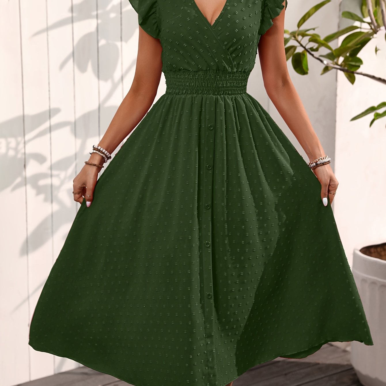 Elegant V-neck Ruffled Sleeve Women's Summer Short Sleeve Maxi Dress