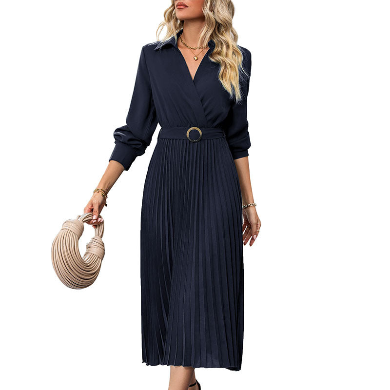Lapel Shirt Women Pleated Long Sleeve Dress