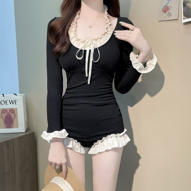 Swimsuit Women's One-piece Long Sleeves French Retro Conservatively Thin