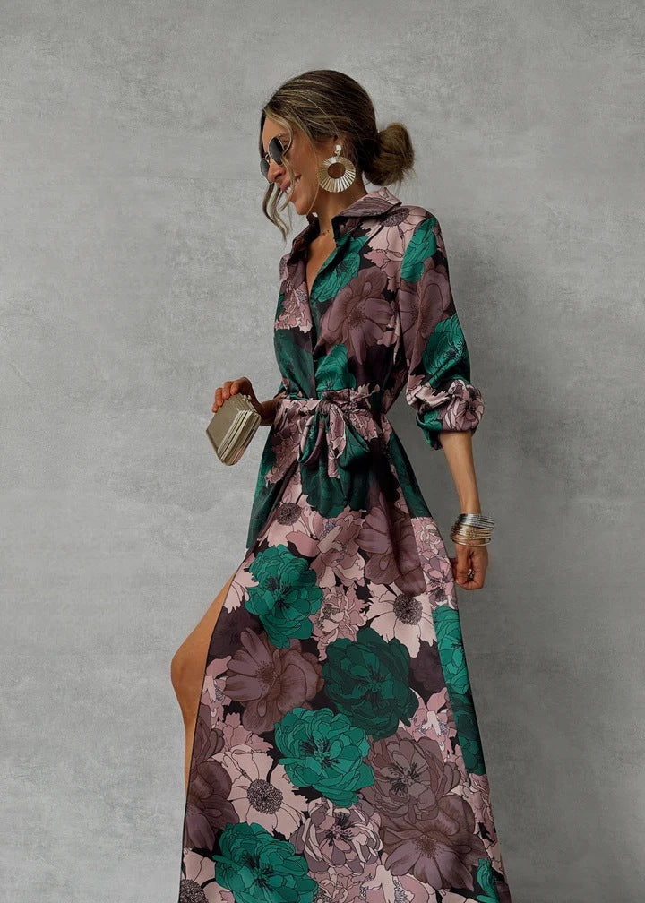 Printed Waist-controlled Lace-up Long Sleeve Dress