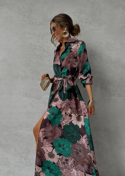 Printed Waist-controlled Lace-up Long Sleeve Dress